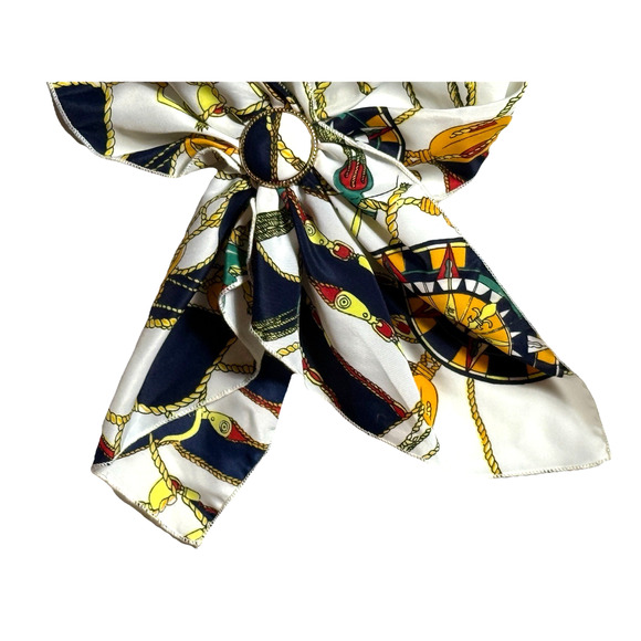 Vintage Neck Wrap Satin Scarf Navy Blue Gold White Silky Brooch Accessory Piece - Picture 2 of 5